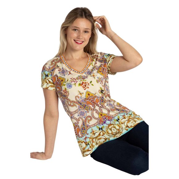 Johnny Was Janie Favorite Scroll Tee Short Sleeve V Neck Shirt White Gold Top NW - Picture 6 of 10